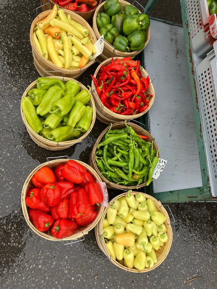 Market baskets filled with sweet, frying, hot, and seasoning peppers in several colors