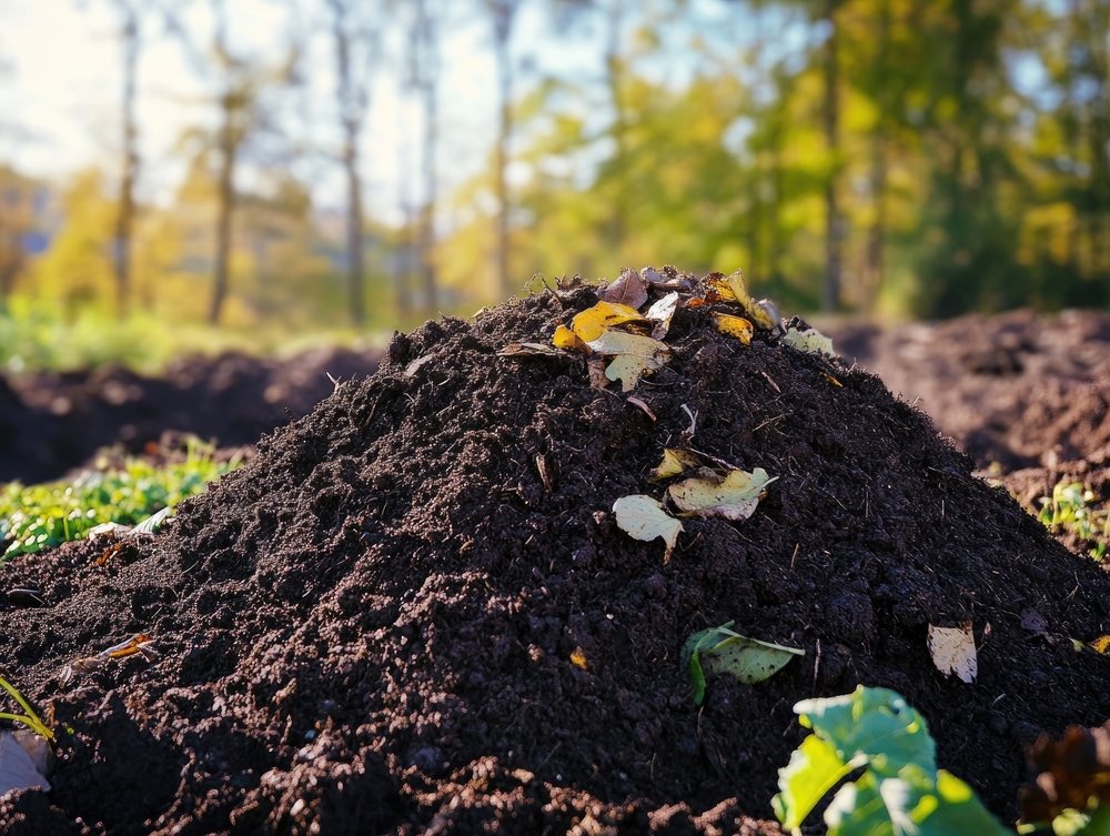 Dark finished compost pile in a garden landscape