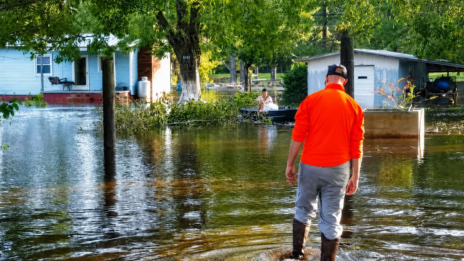 Alliance hurricane relief work in deep floodwater outside a flooded home.