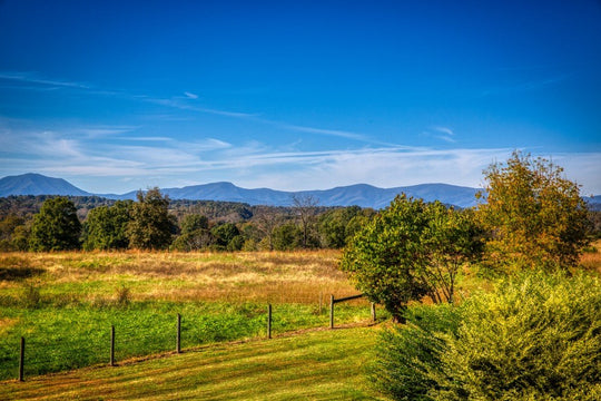 Virginia farm landscape with the Blue Ridge Mountains in the distance