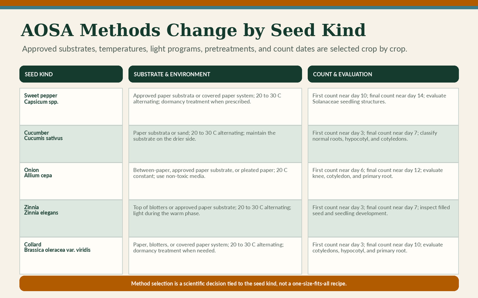 Examples of AOSA germination methods selected by seed kind.