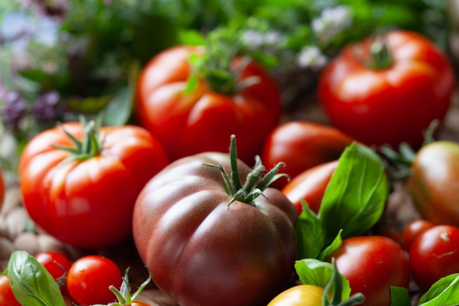 Assorted tomatoes in red, pink, yellow, and dark colors with herbs and flowers