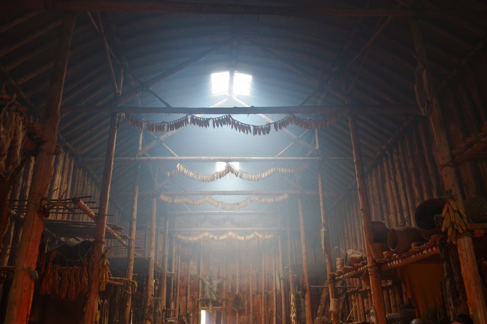 Tuscarora White corn braided and hung inside a Haudenosaunee longhouse