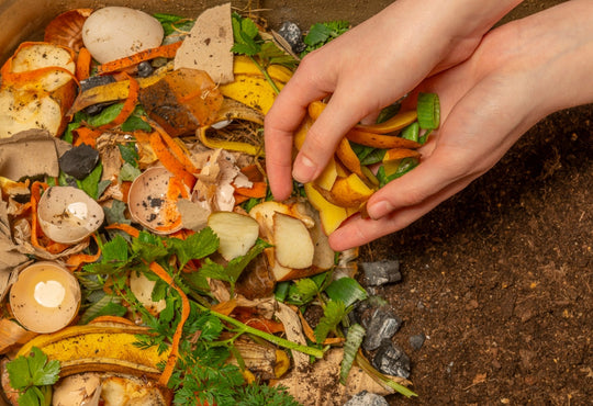 Hands adding vegetable scraps and eggshells beside finished compost and soil