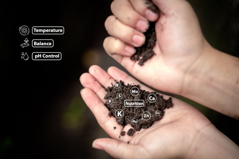Hands holding soil with nutrient and pH symbols overlaid