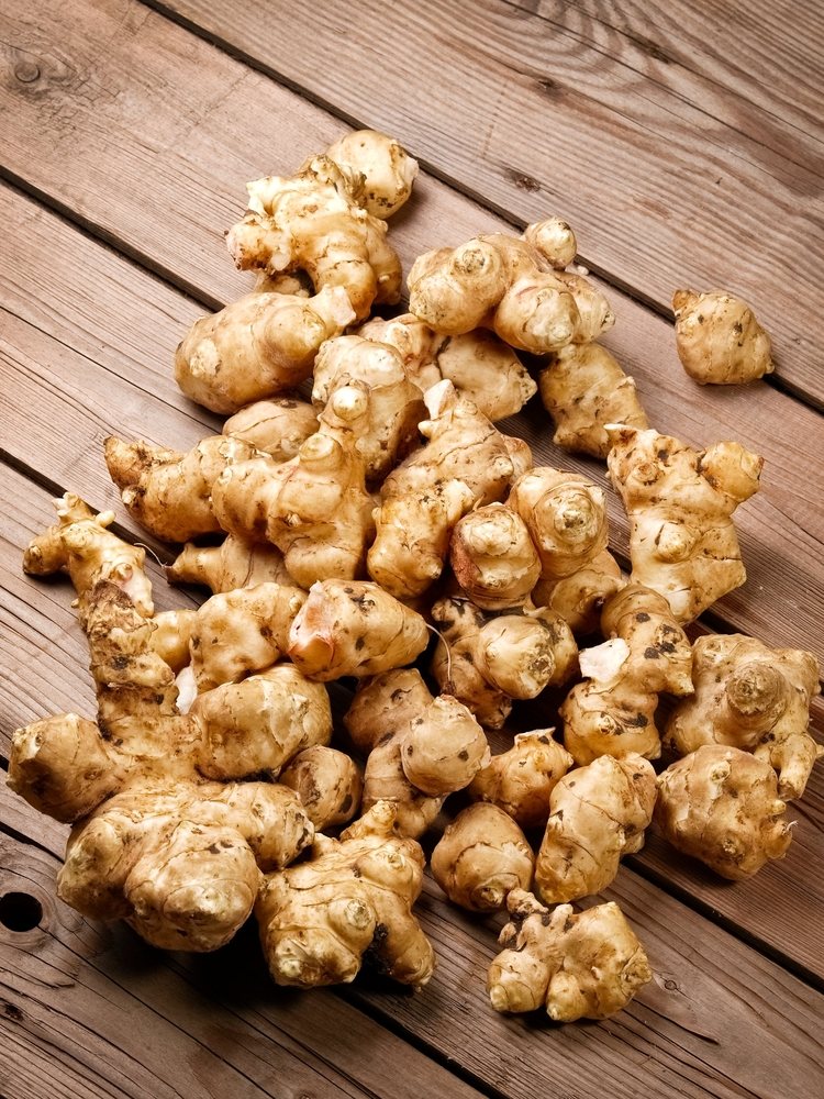 Fresh Jerusalem artichoke or sunchoke tubers on a wooden surface