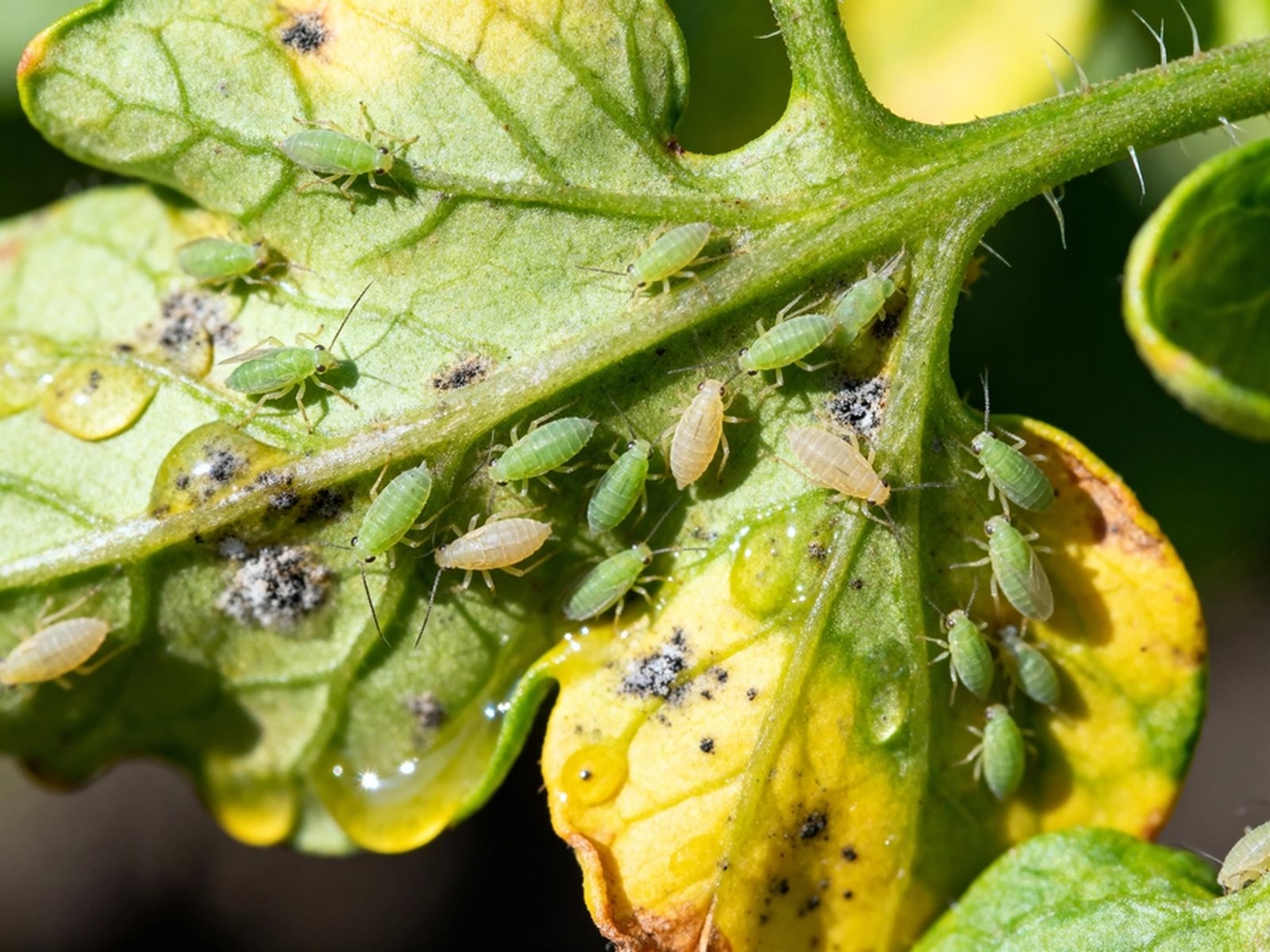 Green aphids clustered on the underside of a yellowing leaf