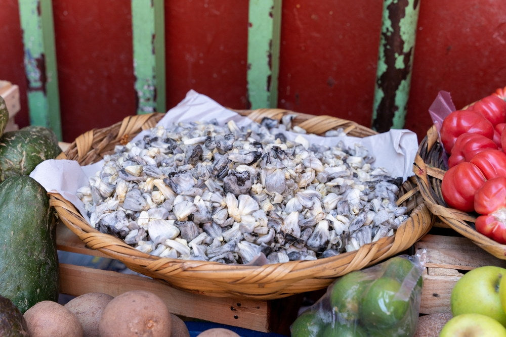 Fresh corn smut galls sold as huitlacoche in a market basket