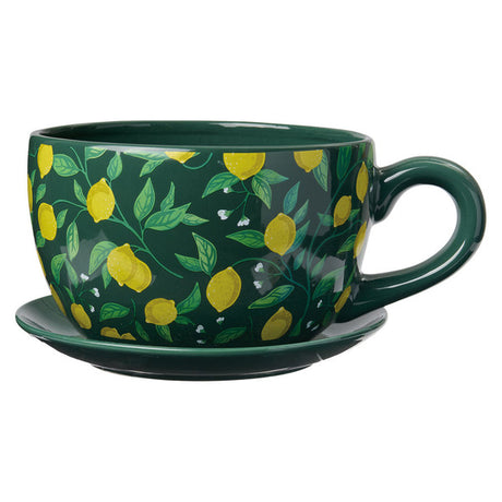 Belavi dark green ceramic teacup planter with yellow lemons