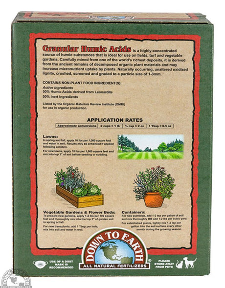 Down To Earth Granular Humic Acids Soil Amendment - 5 lb — back of package