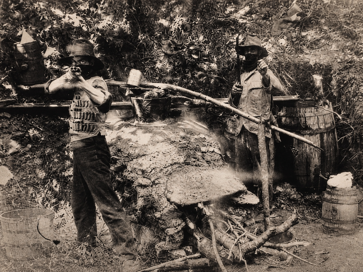 Historic woodland moonshine still scene