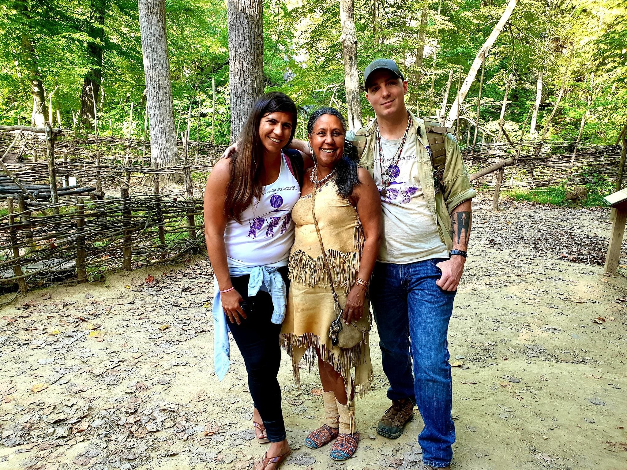 Elizabeth Roach Cain, Victoria Ferguson, and Frank Cain together at the Monacan Living History Village at Natural Bridge State Park