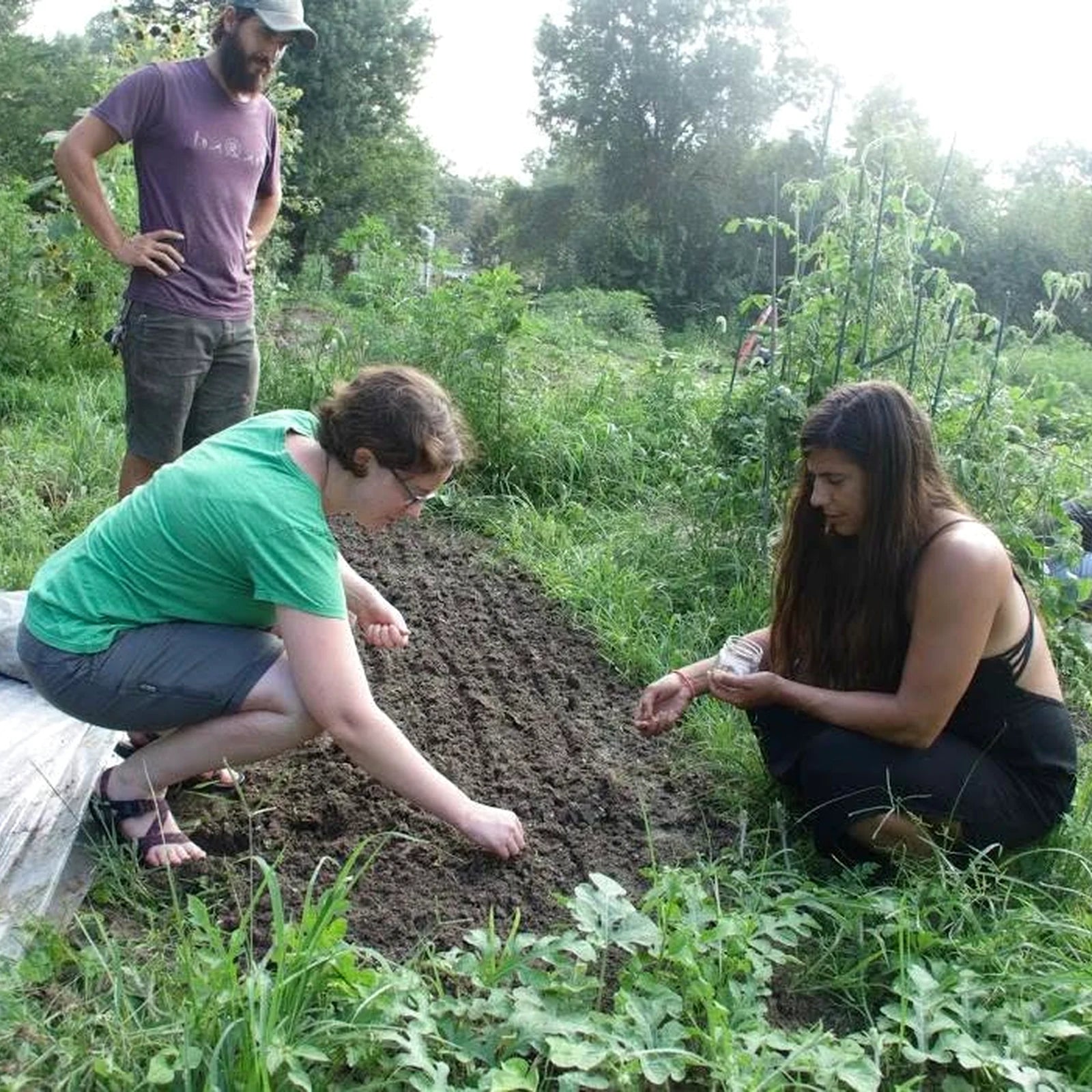 Gardeners working together in a garden bed with planting tools and supplies.