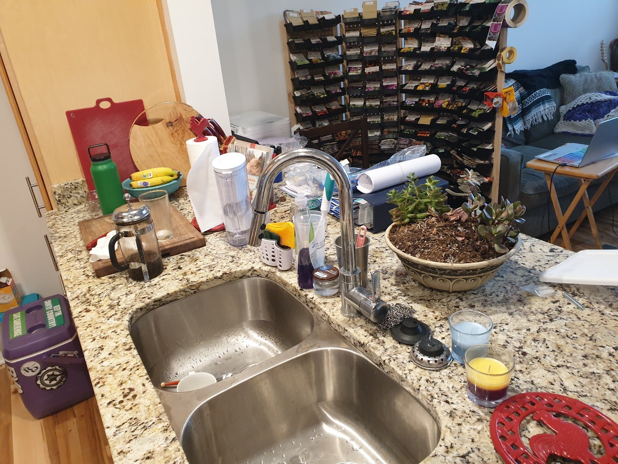 The kitchen counter and seed-packet storage inside Frank and Beth's tiny Richmond apartment
