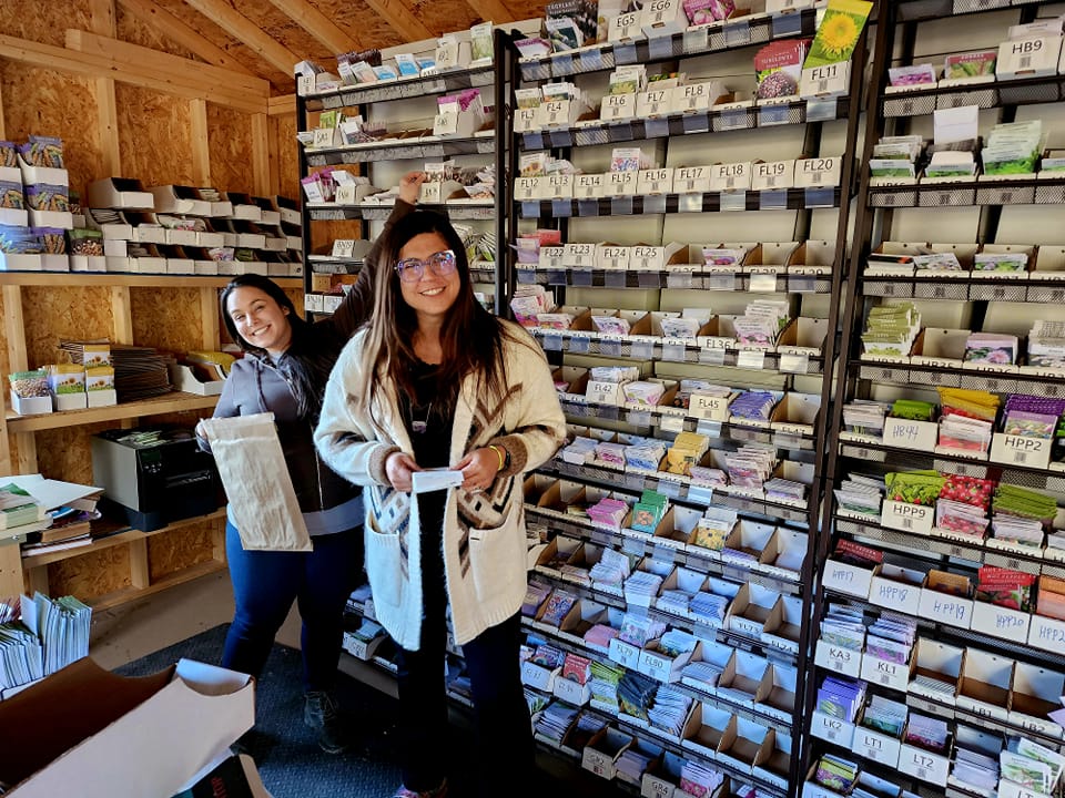 Members of the seed team working among shelves filled with packets