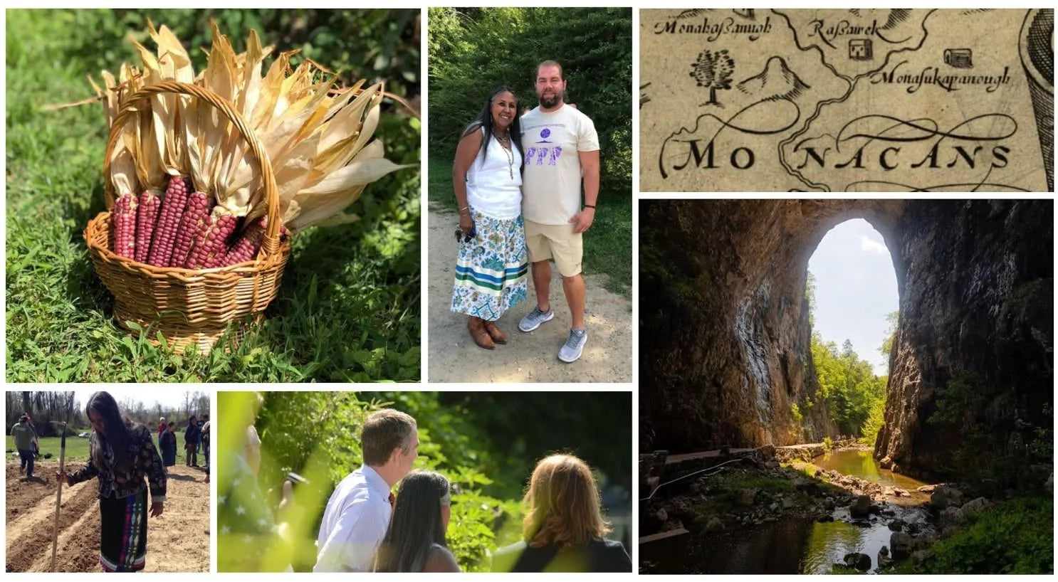 Collage of ancestral corn, Vicky and Dwayne Painter, the Monacan homeland, Natural Bridge, and advocacy to protect Rassawek